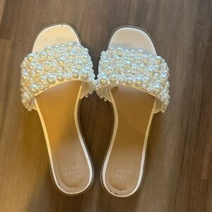 Elegant Pearl Embellished White Slide Sandals